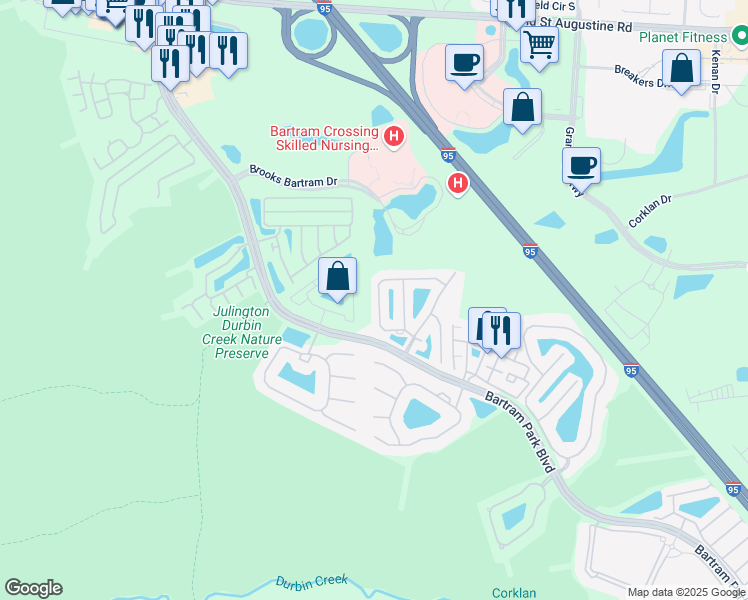 map of restaurants, bars, coffee shops, grocery stores, and more near 13338 Ocean Mist Drive in Jacksonville