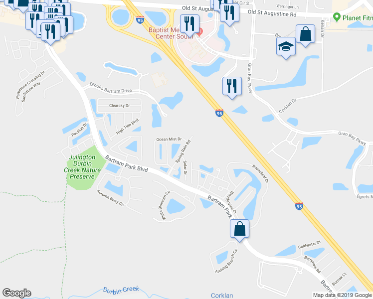 map of restaurants, bars, coffee shops, grocery stores, and more near 12945 Spring Rain Road in Jacksonville