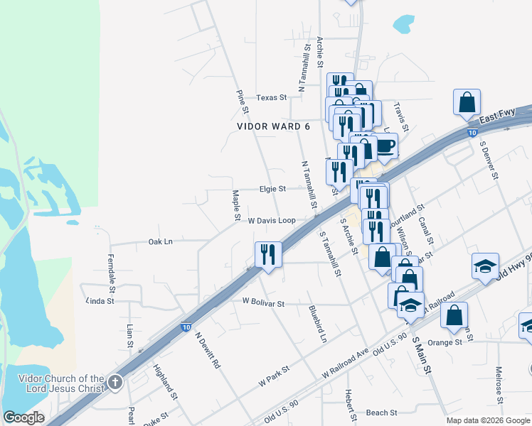 map of restaurants, bars, coffee shops, grocery stores, and more near 450 West Davis Loop in Vidor