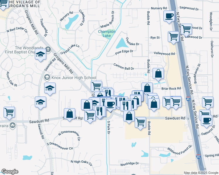 map of restaurants, bars, coffee shops, grocery stores, and more near 25330 Elm Creek Drive in Spring