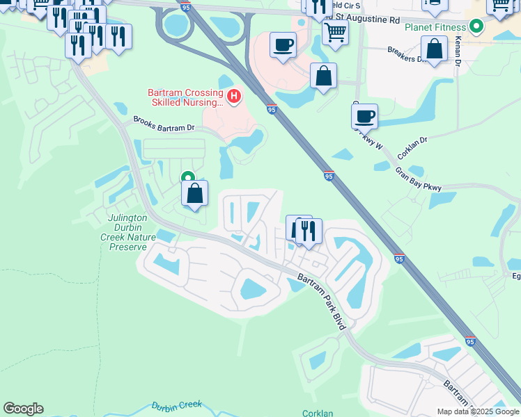 map of restaurants, bars, coffee shops, grocery stores, and more near 12945 Spring Rain Road in Jacksonville