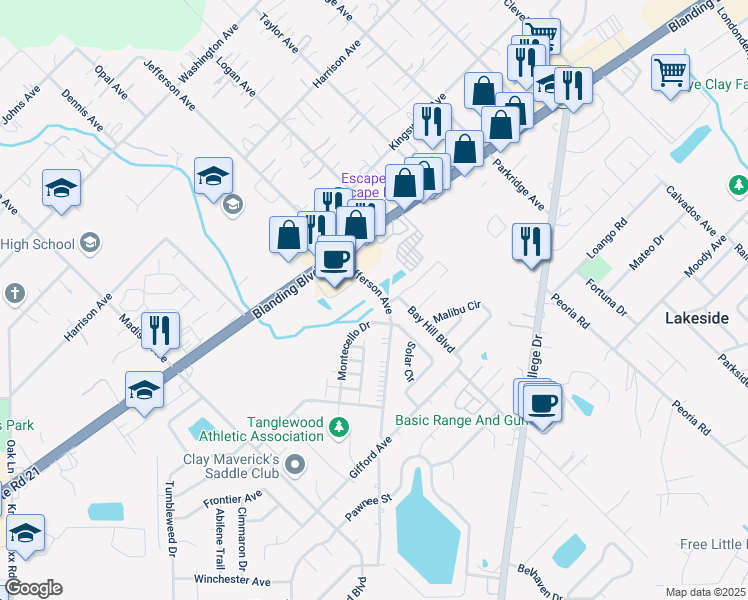 map of restaurants, bars, coffee shops, grocery stores, and more near 1294 Jefferson Avenue in Orange Park