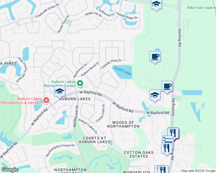 map of restaurants, bars, coffee shops, grocery stores, and more near 6303 Stone Hill Road in Spring