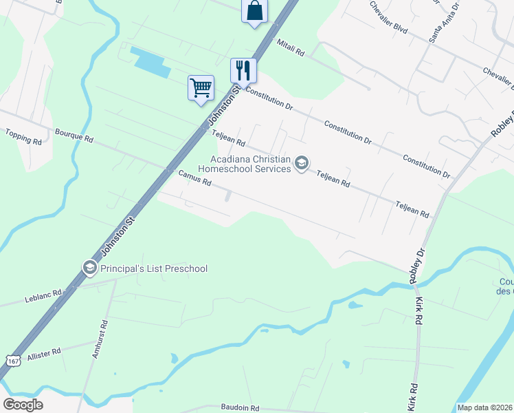 map of restaurants, bars, coffee shops, grocery stores, and more near 224 Camus Road in Lafayette