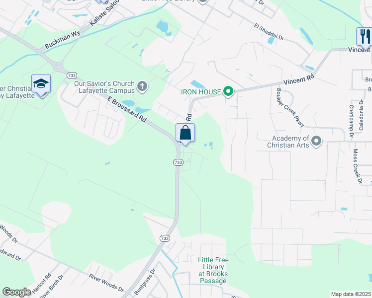 map of restaurants, bars, coffee shops, grocery stores, and more near 1401 East Broussard Road in Lafayette