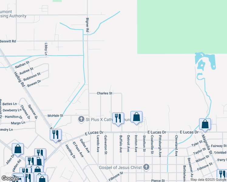 map of restaurants, bars, coffee shops, grocery stores, and more near 2980 Charles Street in Beaumont
