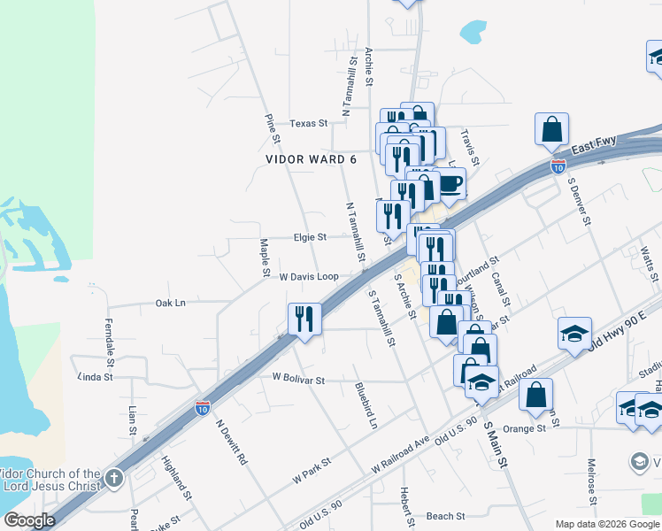 map of restaurants, bars, coffee shops, grocery stores, and more near 360 West Davis Loop in Vidor