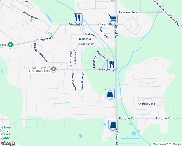 map of restaurants, bars, coffee shops, grocery stores, and more near 131 Millcreek Road in Lafayette