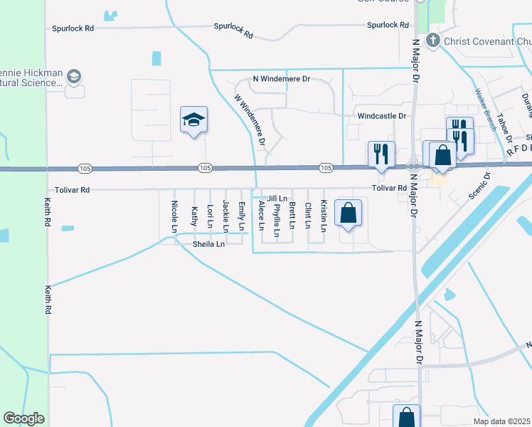 map of restaurants, bars, coffee shops, grocery stores, and more near 5735 Alece Lane in Beaumont