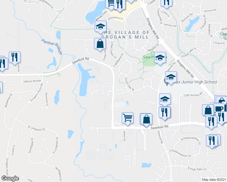 map of restaurants, bars, coffee shops, grocery stores, and more near 2242 Sawdust Road in The Woodlands