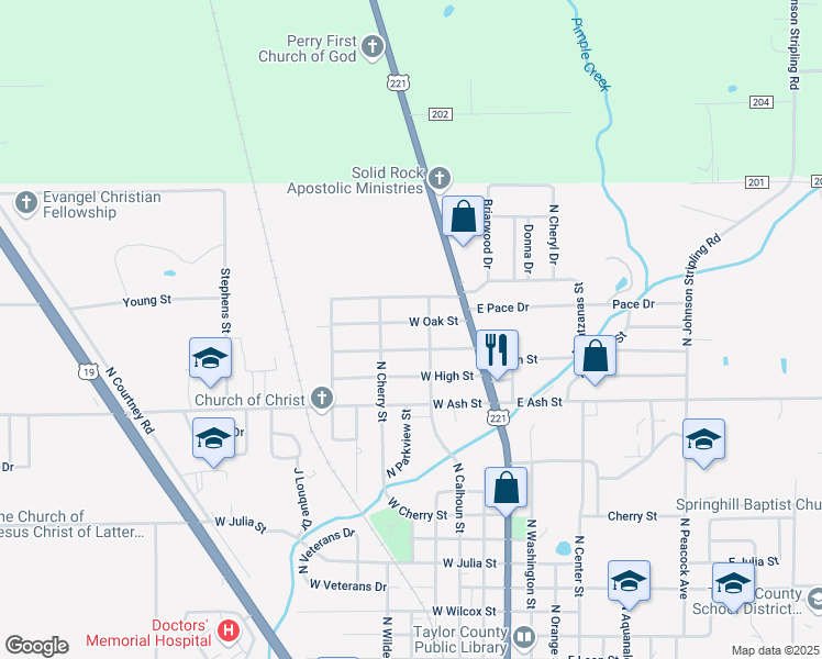 map of restaurants, bars, coffee shops, grocery stores, and more near 203 West Oak Street in Perry