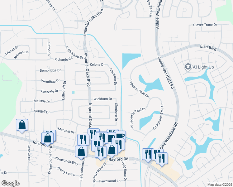 map of restaurants, bars, coffee shops, grocery stores, and more near 30338 Glenboro Drive in Spring