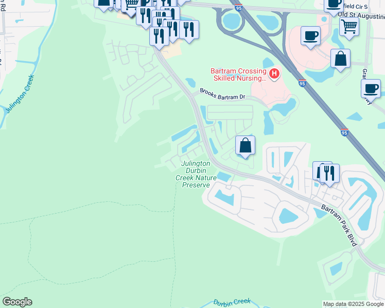map of restaurants, bars, coffee shops, grocery stores, and more near 13492 Prism Court in Jacksonville