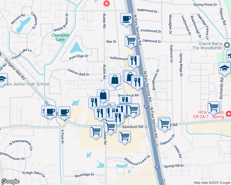 map of restaurants, bars, coffee shops, grocery stores, and more near 318 Briar Rock Road in Spring