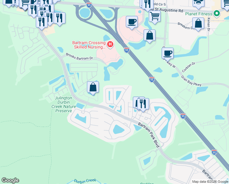 map of restaurants, bars, coffee shops, grocery stores, and more near 13333 Low Tide Way in Jacksonville
