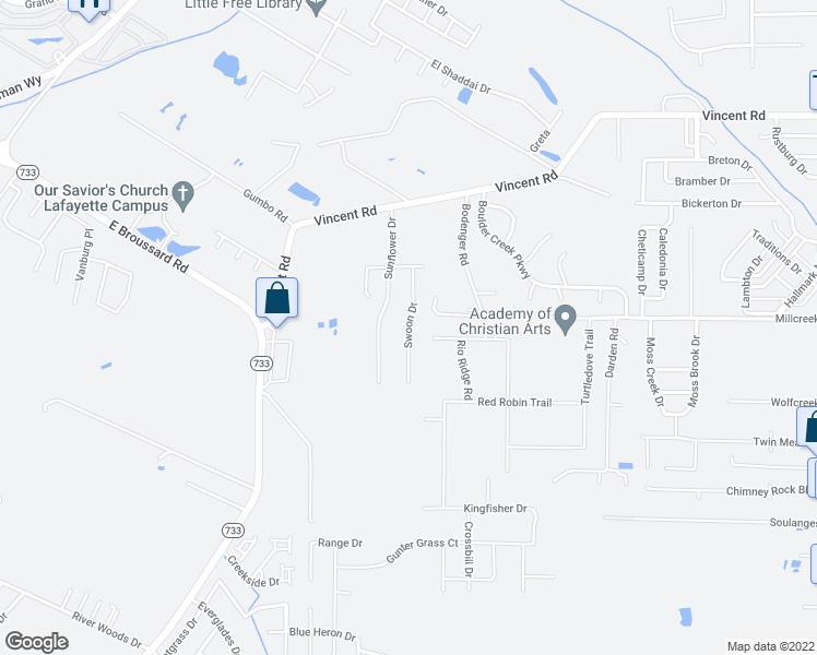 map of restaurants, bars, coffee shops, grocery stores, and more near 121 Swoon Drive in Lafayette