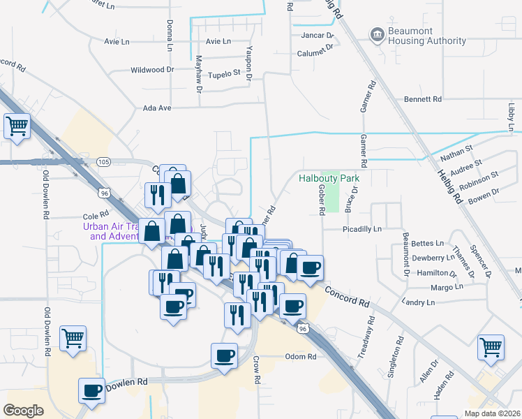 map of restaurants, bars, coffee shops, grocery stores, and more near 5475 Garner Road in Beaumont