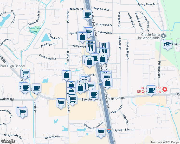 map of restaurants, bars, coffee shops, grocery stores, and more near 25415 Interstate 45 in Spring