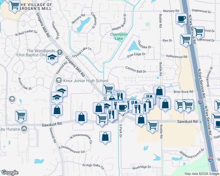 map of restaurants, bars, coffee shops, grocery stores, and more near 719 Shadow Brook Drive in Spring