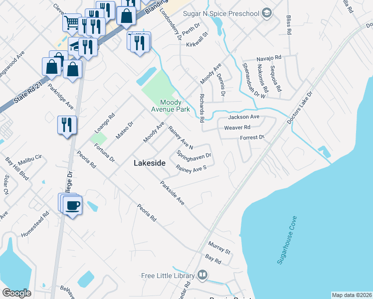 map of restaurants, bars, coffee shops, grocery stores, and more near 5762 Springhaven Drive in Orange Park