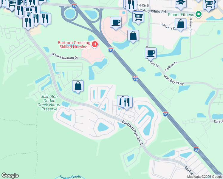 map of restaurants, bars, coffee shops, grocery stores, and more near 12927 Spring Rain Road in Jacksonville