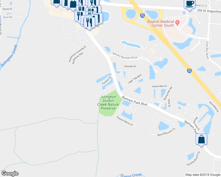 map of restaurants, bars, coffee shops, grocery stores, and more near 13489 Prism Court in Jacksonville