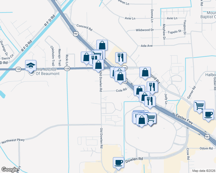 map of restaurants, bars, coffee shops, grocery stores, and more near 5920 Cole Road in Beaumont