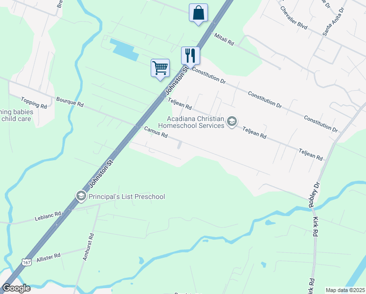 map of restaurants, bars, coffee shops, grocery stores, and more near 105 Lord Boulevard in Lafayette