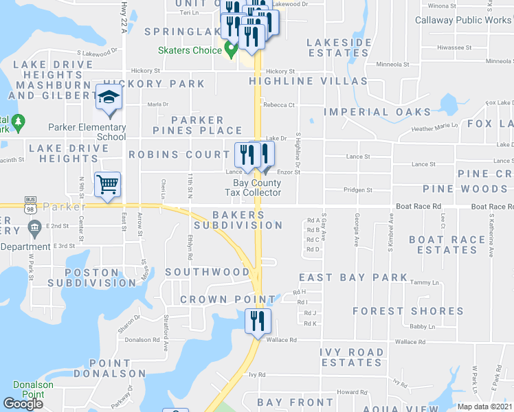 map of restaurants, bars, coffee shops, grocery stores, and more near Boat Race Road in Panama City