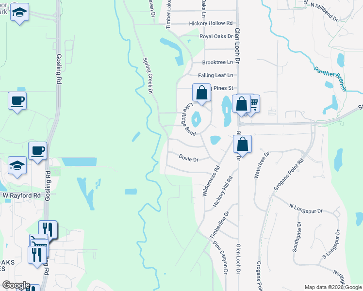 map of restaurants, bars, coffee shops, grocery stores, and more near 3415 Bristlecone Trail in Spring