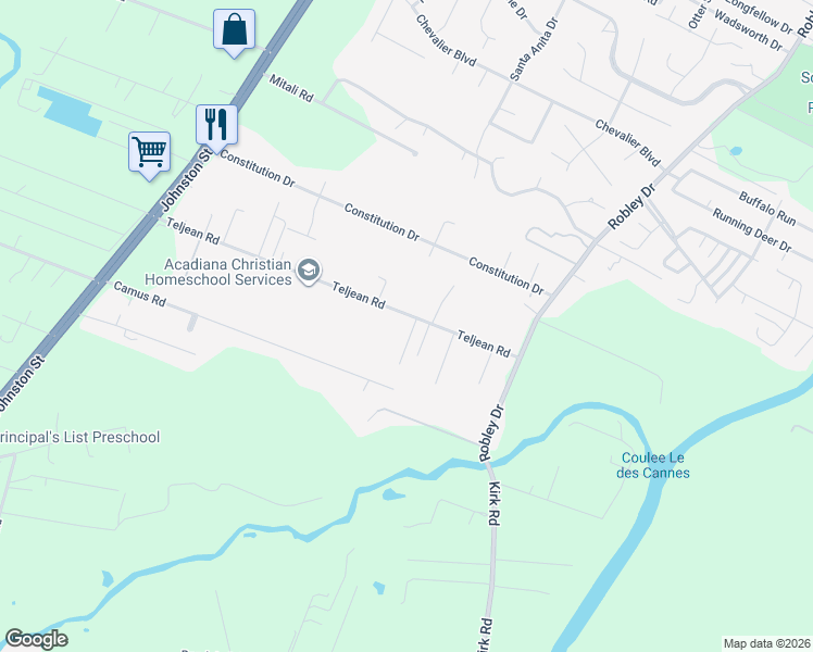 map of restaurants, bars, coffee shops, grocery stores, and more near 400B Teljean Road in Lafayette