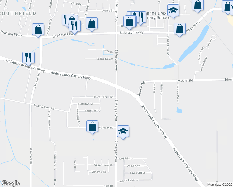 map of restaurants, bars, coffee shops, grocery stores, and more near South Morgan Avenue in Broussard