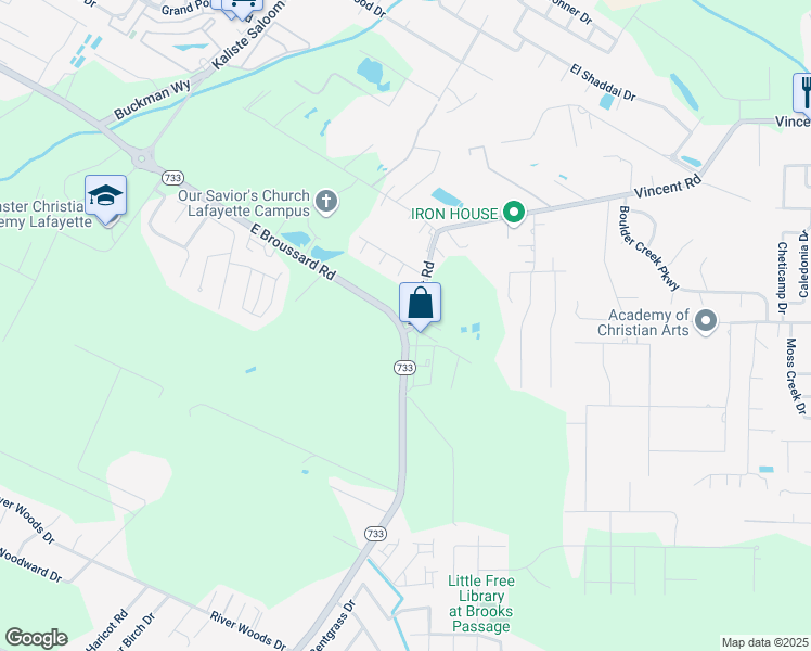 map of restaurants, bars, coffee shops, grocery stores, and more near 1300 Blk E Broussard Road in Lafayette