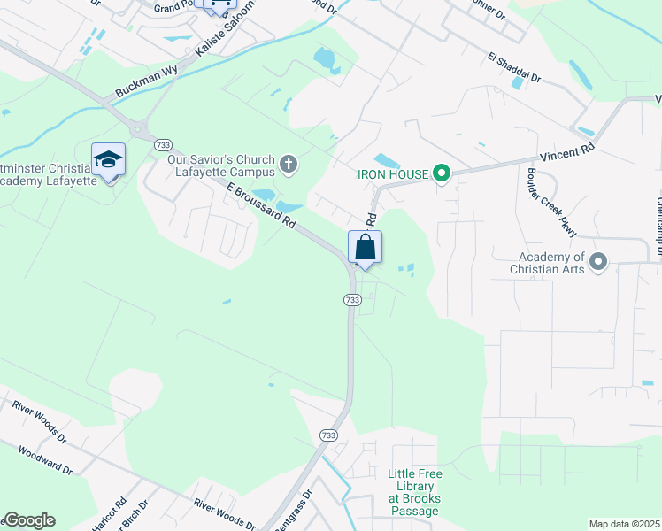 map of restaurants, bars, coffee shops, grocery stores, and more near 1300 Blk E Broussard Road in Lafayette