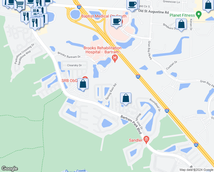 map of restaurants, bars, coffee shops, grocery stores, and more near 13439 Ocean Mist Drive in Jacksonville