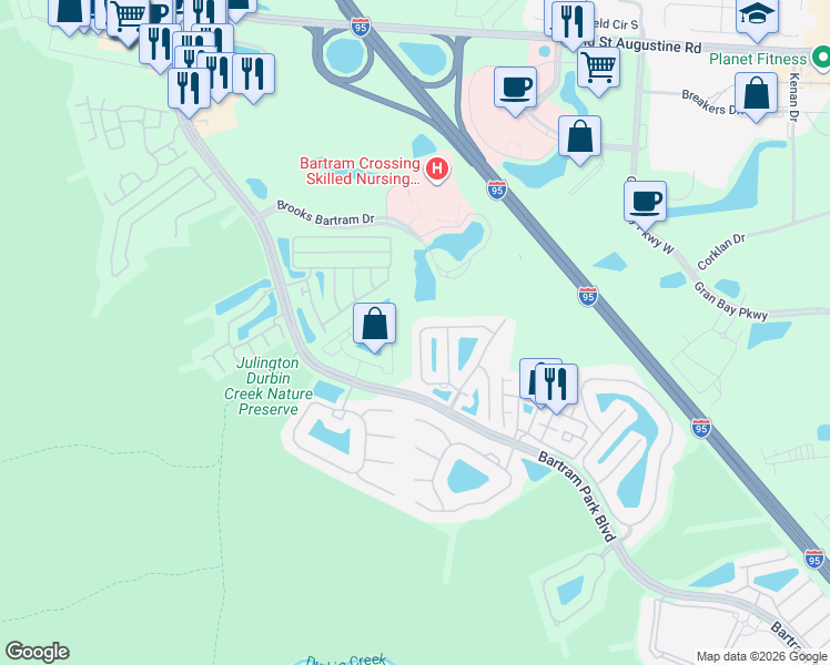 map of restaurants, bars, coffee shops, grocery stores, and more near 13338 Ocean Mist Drive in Jacksonville