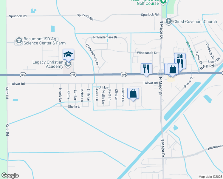 map of restaurants, bars, coffee shops, grocery stores, and more near 5745 Clint Lane in Beaumont