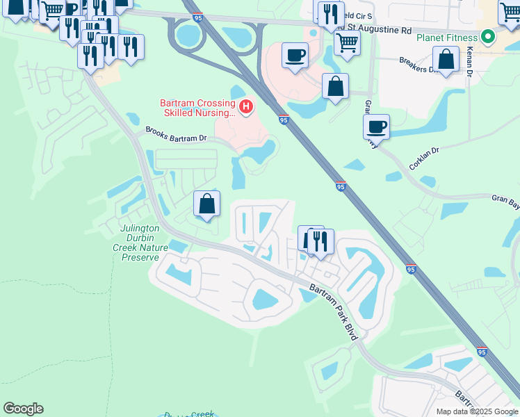 map of restaurants, bars, coffee shops, grocery stores, and more near 13429 Ocean Mist Drive in Jacksonville