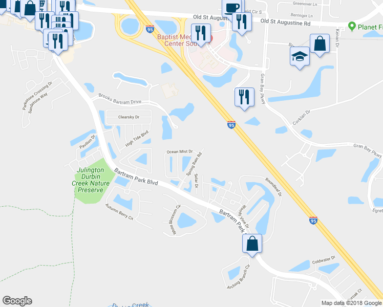 map of restaurants, bars, coffee shops, grocery stores, and more near 13451 Ocean Mist Drive in Jacksonville