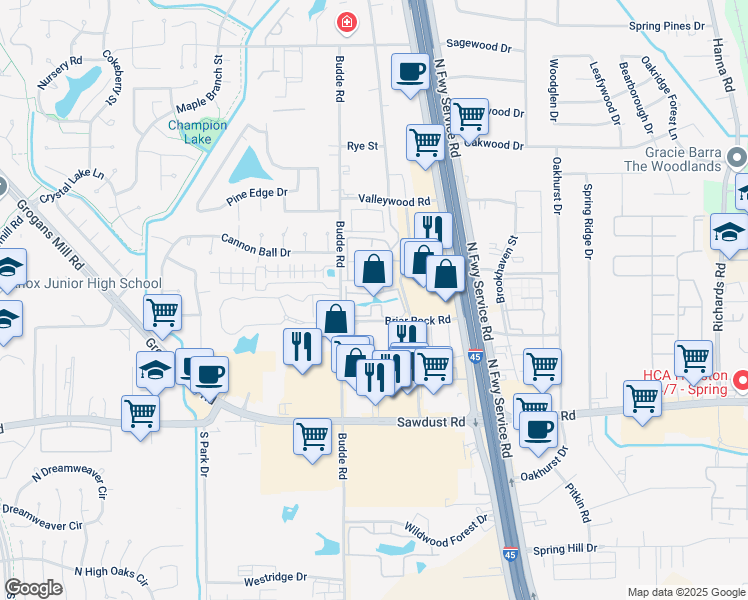 map of restaurants, bars, coffee shops, grocery stores, and more near 318 Briar Rock Road in Spring
