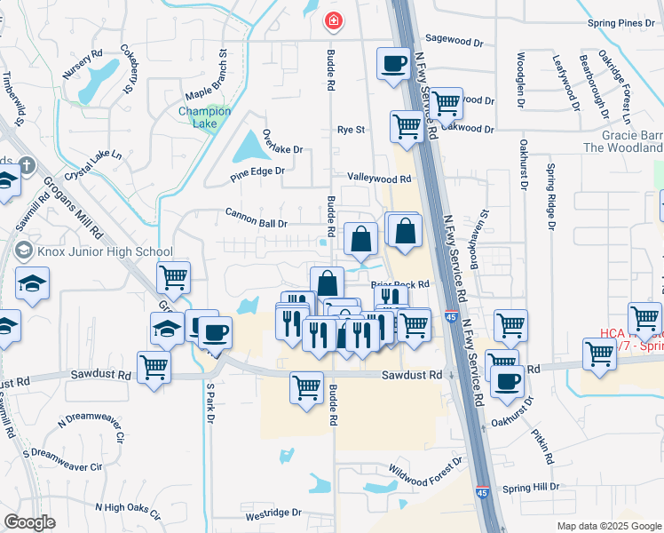 map of restaurants, bars, coffee shops, grocery stores, and more near 25327 Budde Road in Spring