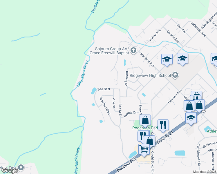 map of restaurants, bars, coffee shops, grocery stores, and more near 1335 Bee Street North in Orange Park