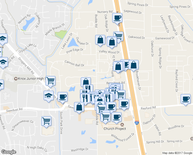 map of restaurants, bars, coffee shops, grocery stores, and more near 25331 Budde Road in Spring