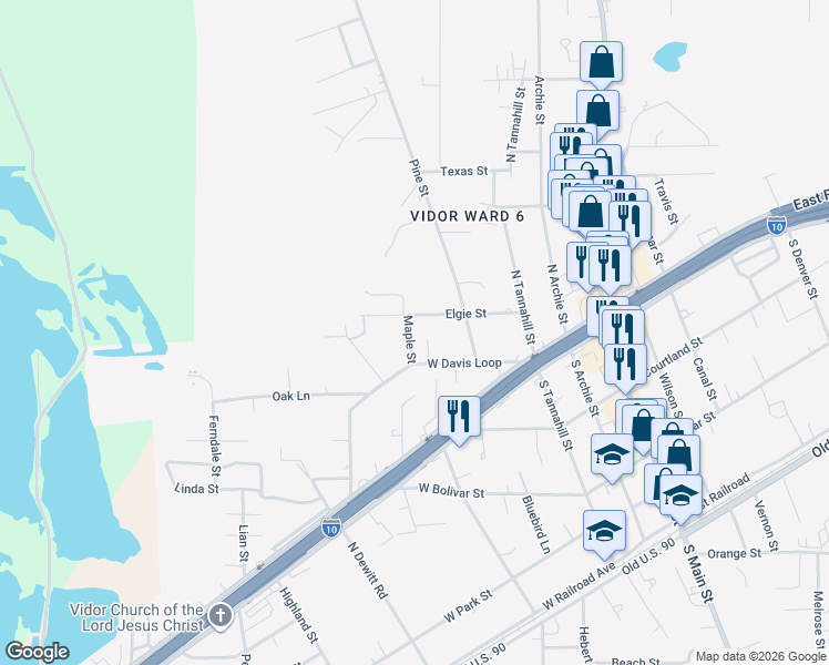 map of restaurants, bars, coffee shops, grocery stores, and more near 550 West Davis Loop in Vidor