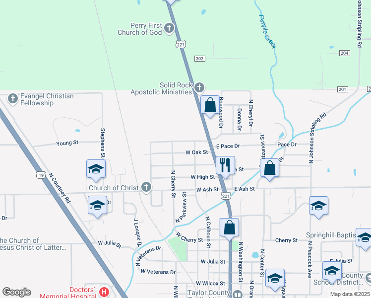 map of restaurants, bars, coffee shops, grocery stores, and more near 203 West Oak Street in Perry