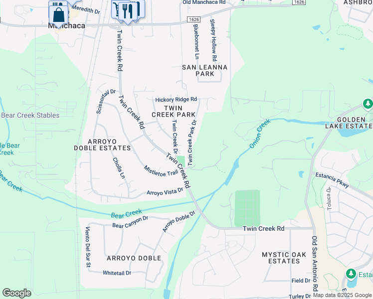 map of restaurants, bars, coffee shops, grocery stores, and more near 12400 Twin Creek Park Drive in Manchaca