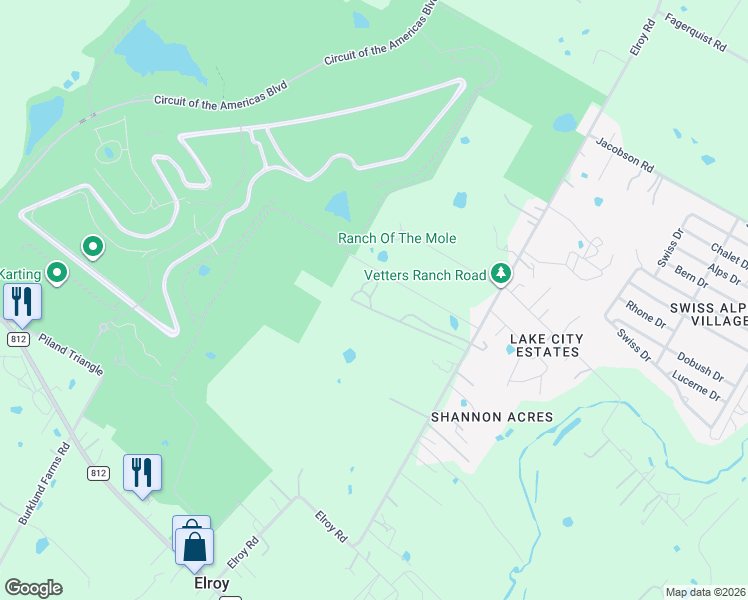 map of restaurants, bars, coffee shops, grocery stores, and more near 8604A Elroy Road in Travis County