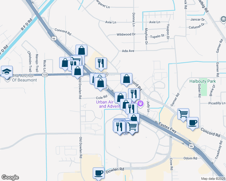 map of restaurants, bars, coffee shops, grocery stores, and more near 5920 Cole Street in Beaumont