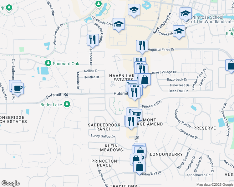 map of restaurants, bars, coffee shops, grocery stores, and more near 8637 Hufsmith Road in Tomball