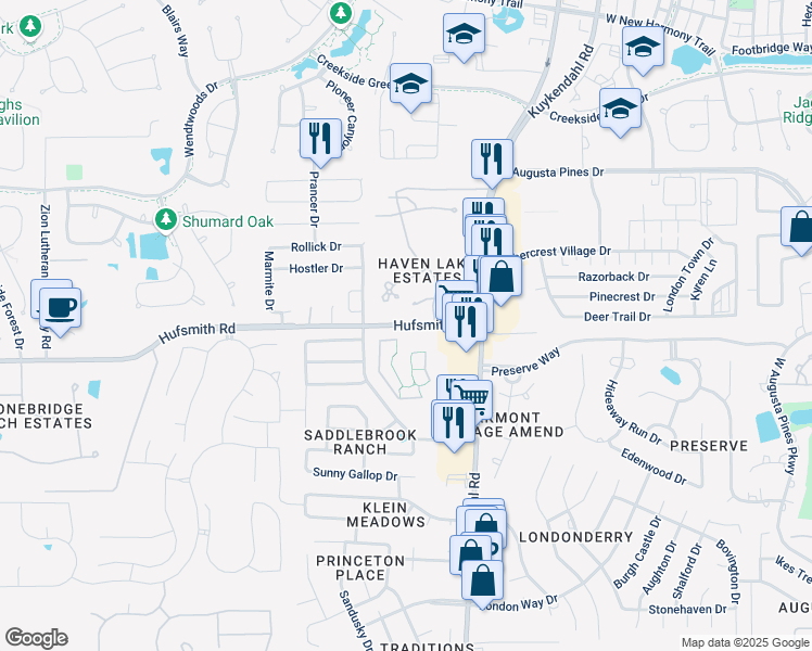 map of restaurants, bars, coffee shops, grocery stores, and more near 8729 Hufsmith Road in Tomball